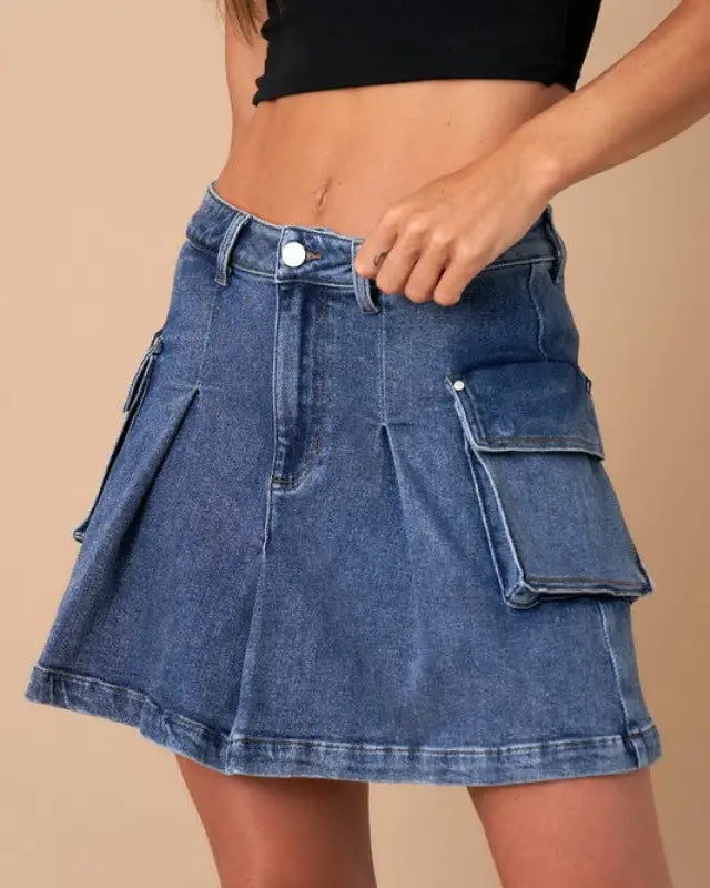 PLEATED CARGO DENIM MINI SKIRT