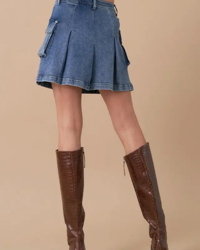 PLEATED CARGO DENIM MINI SKIRT