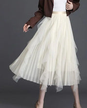 Pleated chiffon midi skirt - Cream / S