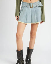 PLEATED MINI SKIRT WITH BELT - DENIM / S