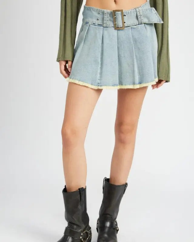 PLEATED MINI SKIRT WITH BELT - DENIM / S