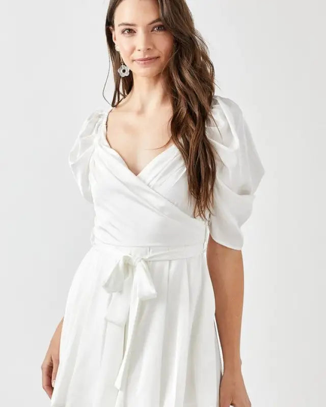 Pleated Puff Sleeve Overwrap Romper