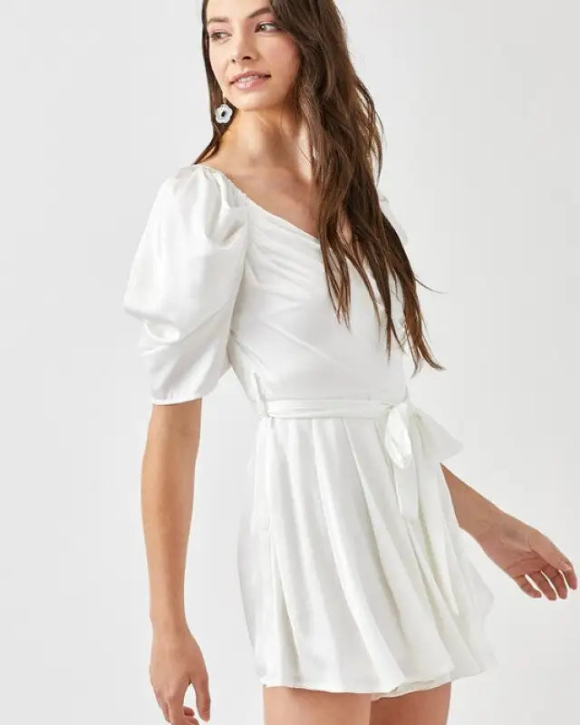 Pleated Puff Sleeve Overwrap Romper