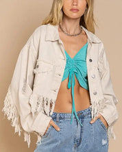 Plus Fringe-Detailed Cropped Denim Jacket