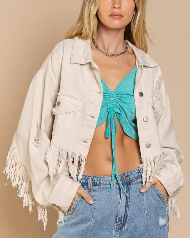 Plus Fringe-Detailed Cropped Denim Jacket