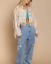 Plus Fringe-Detailed Cropped Denim Jacket