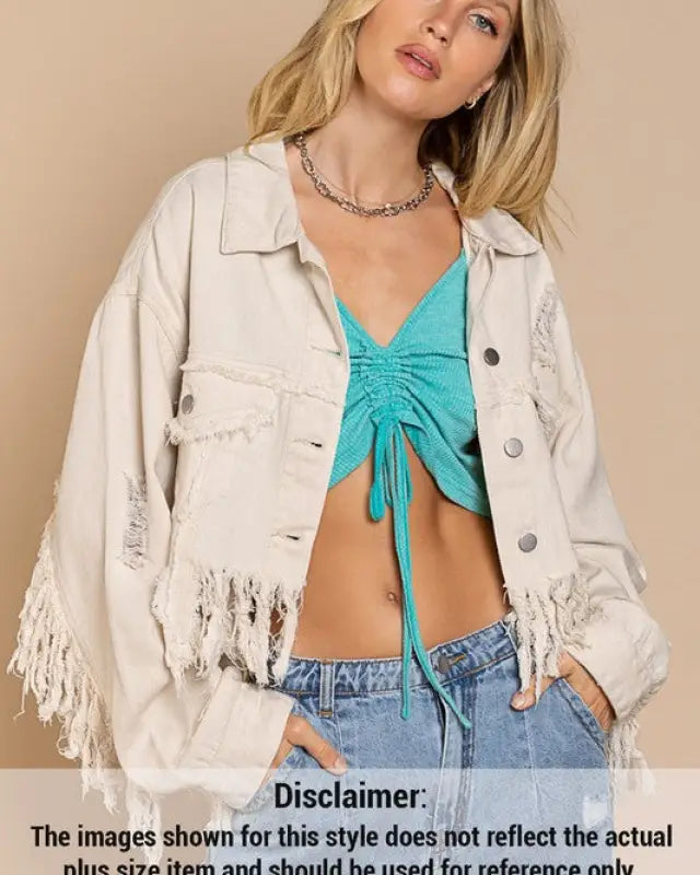 Plus Fringe-Detailed Cropped Denim Jacket