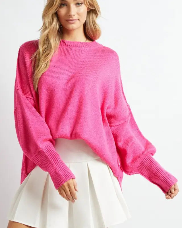 Plus Solid Boat Neck Long Sleeve Sweater