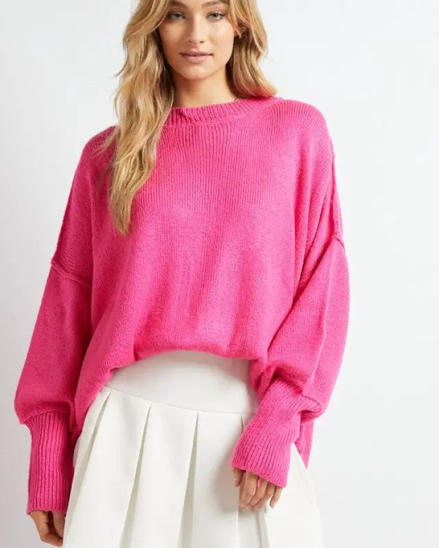 Plus Solid Boat Neck Long Sleeve Sweater