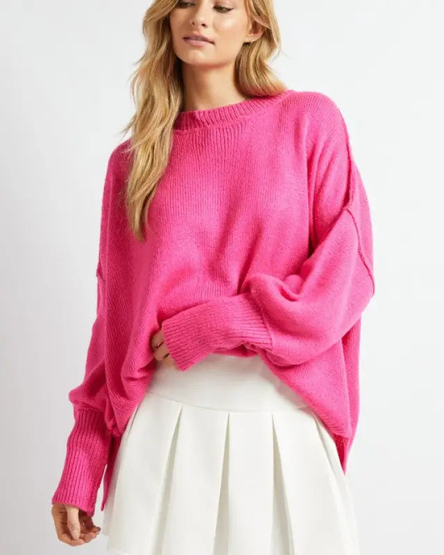 Plus Solid Boat Neck Long Sleeve Sweater