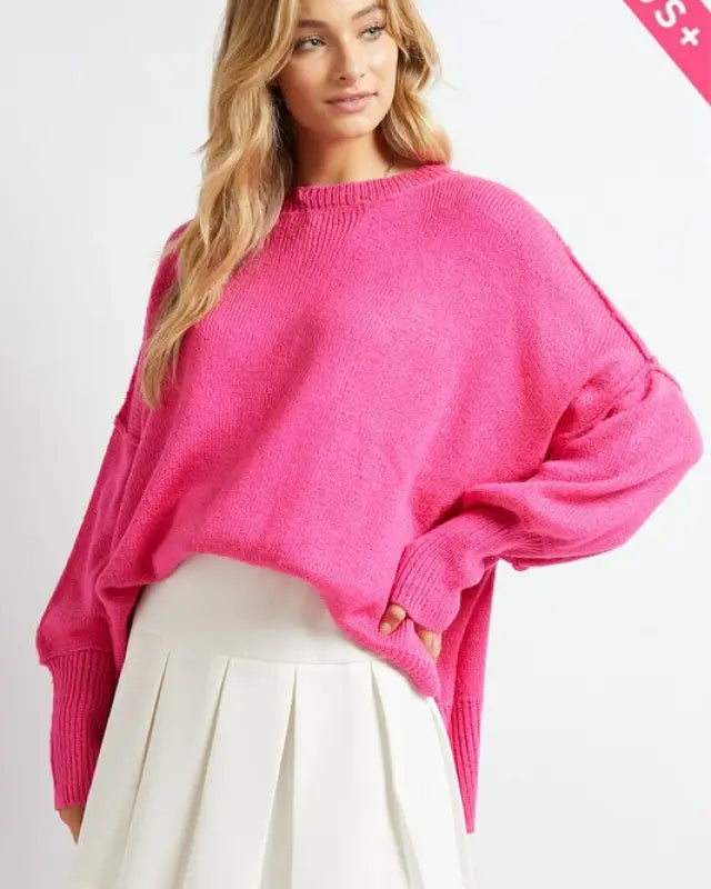 Plus Solid Boat Neck Long Sleeve Sweater