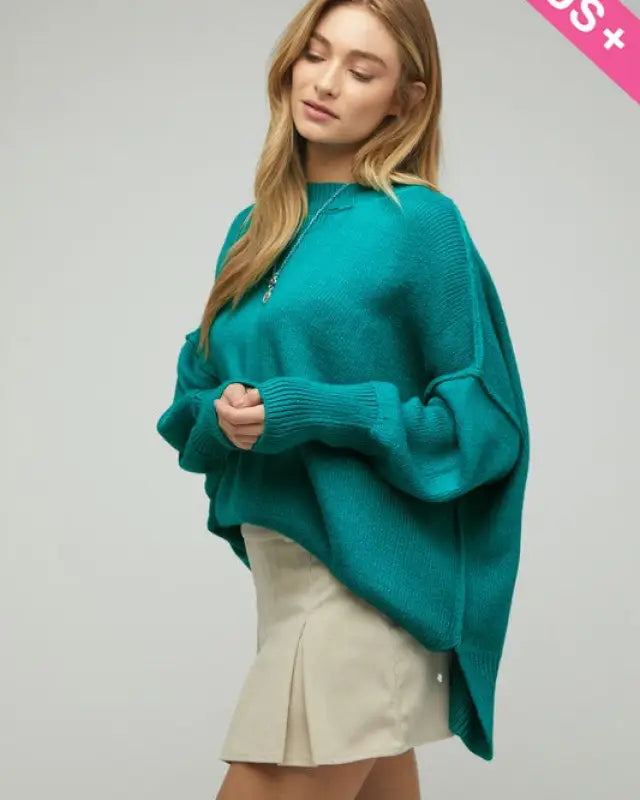 Plus Solid Boat Neck Long Sleeve Sweater