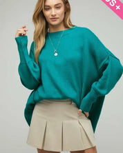 Plus Solid Boat Neck Long Sleeve Sweater