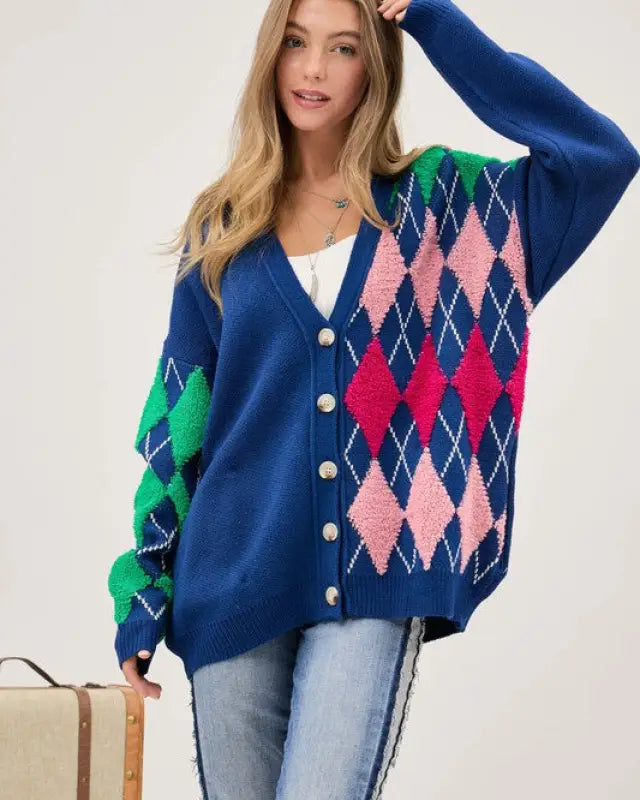 Plush Argyle Button Front Loose Fit Knit Cardigan