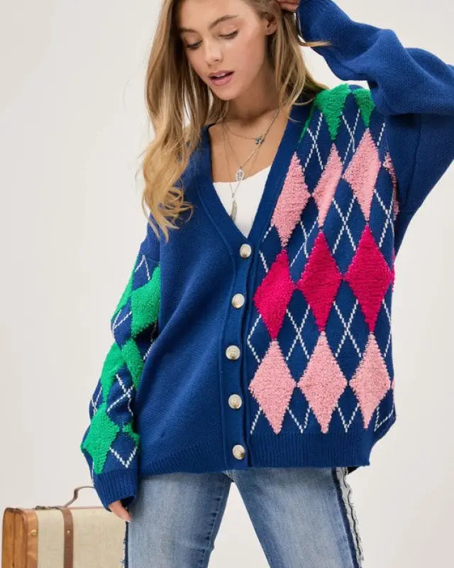 Plush Argyle Button Front Loose Fit Knit Cardigan