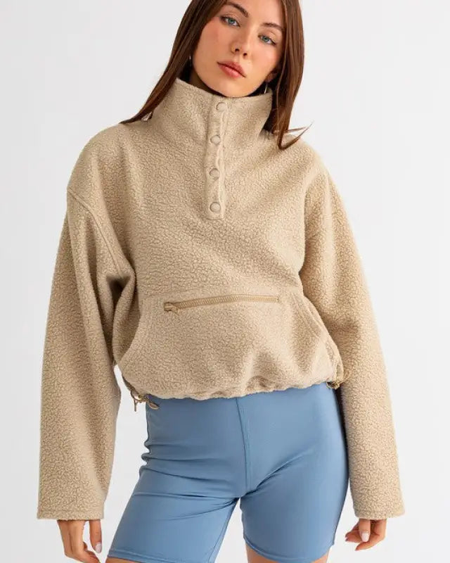 Pocket Detail Boxy Fleece Pullover Sweater