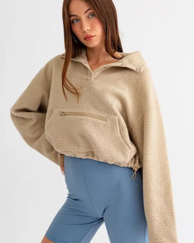 Pocket Detail Boxy Fleece Pullover Sweater