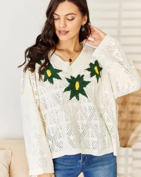 Pol Floral Embroidered Pattern V-Neck Sweater