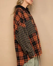 Pol Plaid Contrast Long Sleeve Raw Hem Shacket With Chest Pockets