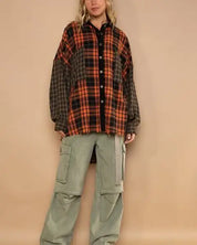 Pol Plaid Contrast Long Sleeve Raw Hem Shacket With Chest Pockets