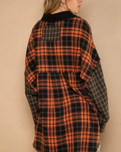 Pol Plaid Contrast Long Sleeve Raw Hem Shacket With Chest Pockets