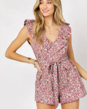 Printed Button Down V-Neck Mini Romper