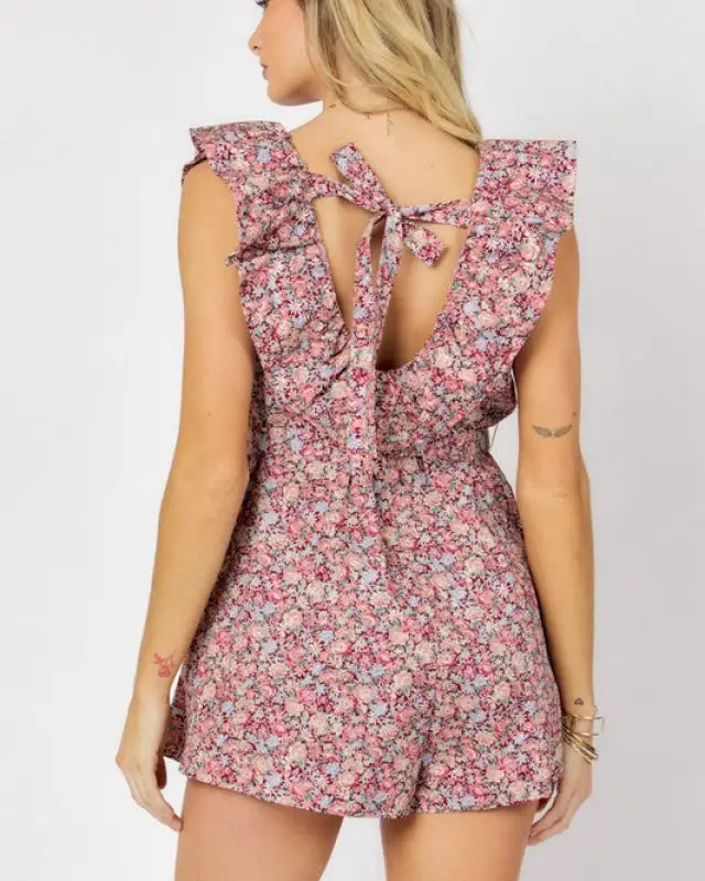 Printed Button Down V-Neck Mini Romper