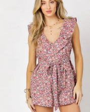 Printed Button Down V-Neck Mini Romper