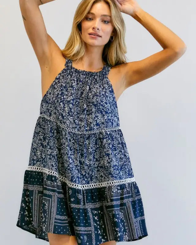 Printed Halter Neck Mini Dress - Navy / S