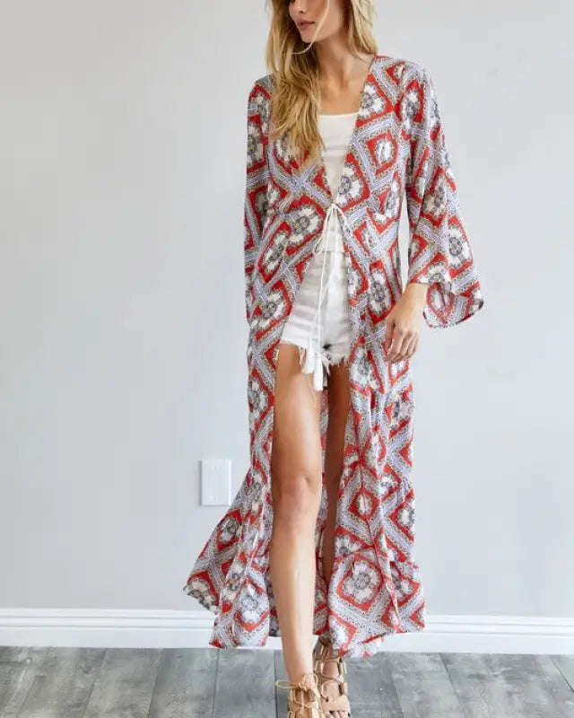 Printed Long Sleeve Loose Kimono