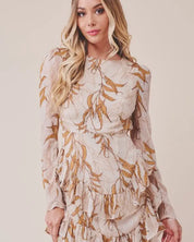 Printed Ruffle Long-Sleeved Tiered Mini Dress - BEIGE / XS