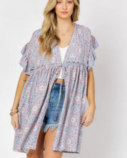 Printed Short Sleeve Ruffle Kimono