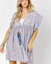 Printed Short Sleeve Ruffle Kimono