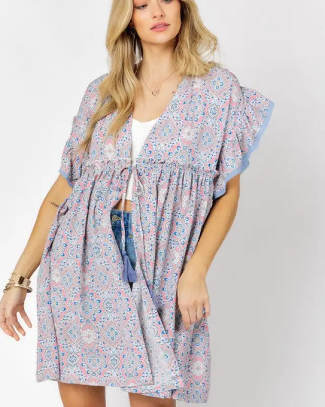 Printed Short Sleeve Ruffle Kimono