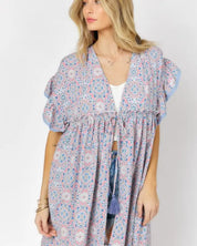 Printed Short Sleeve Ruffle Kimono