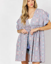 Printed Short Sleeve Ruffle Kimono