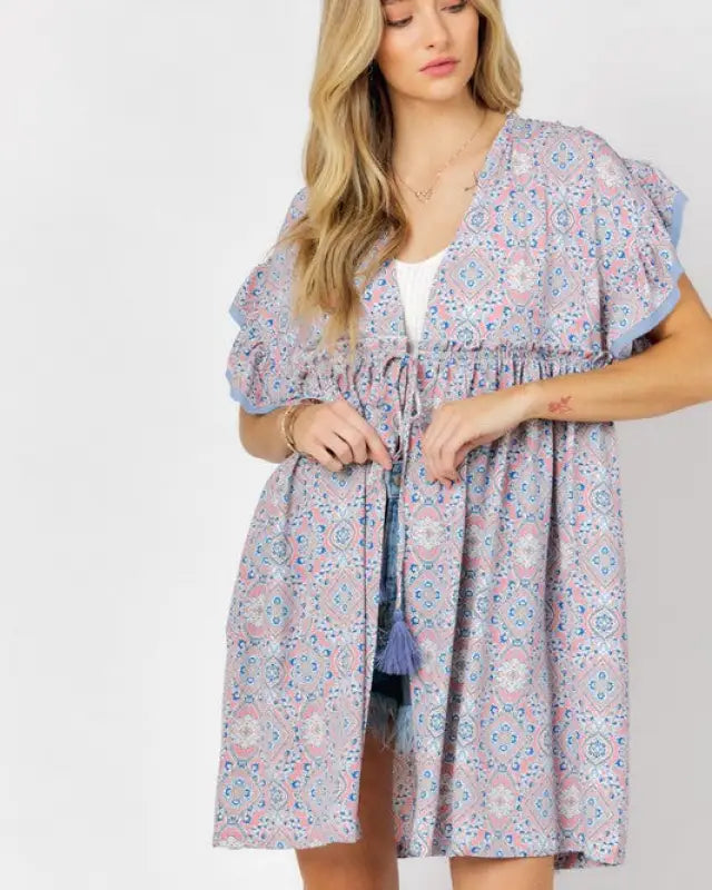 Printed Short Sleeve Ruffle Kimono