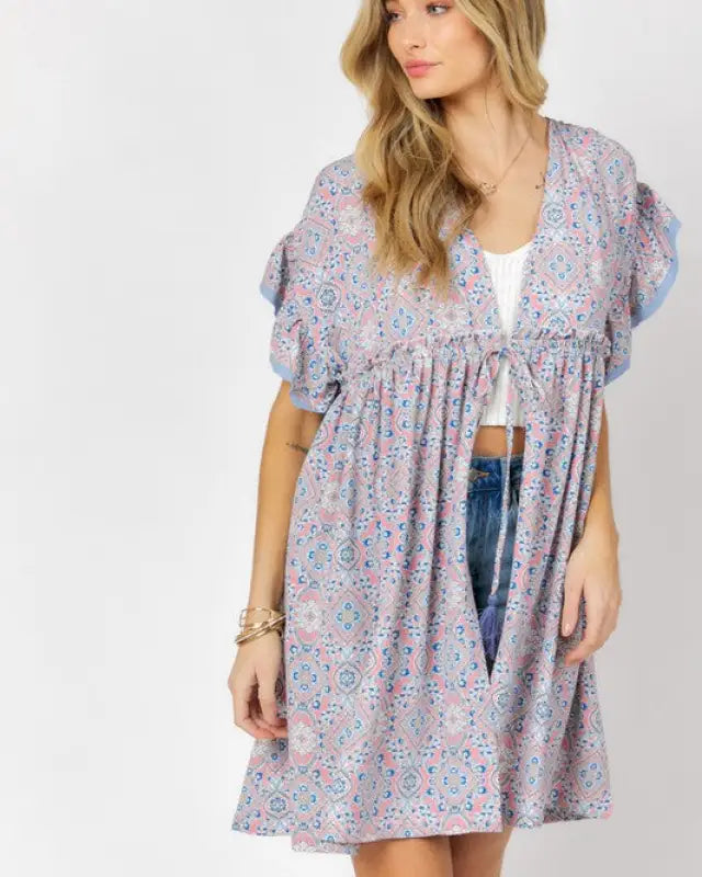 Printed Short Sleeve Ruffle Kimono