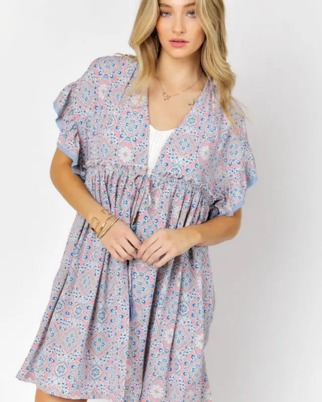 Printed Short Sleeve Ruffle Kimono