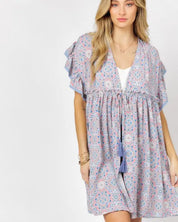 Printed Short Sleeve Ruffle Kimono