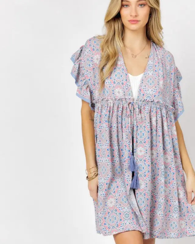 Printed Short Sleeve Ruffle Kimono