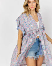 Printed Short Sleeve Ruffle Kimono