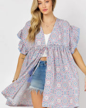 Printed Short Sleeve Ruffle Kimono