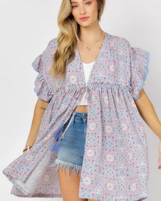 Printed Short Sleeve Ruffle Kimono