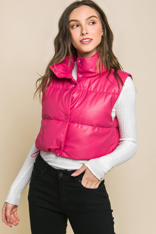Pu Faux Leather Puffer West With Snap Button
