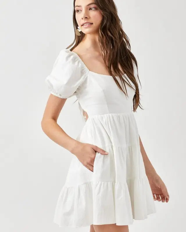 Puff Sleeve Back Double Tie Tiered Dress