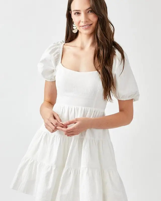 Puff Sleeve Back Double Tie Tiered Dress