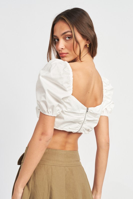 Puff Sleeve Crop Top With Ruched Detail