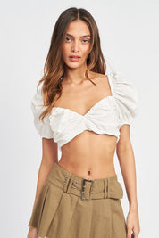 Puff Sleeve Crop Top With Ruched Detail