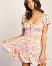 Puff Sleeve Mini Dress with Smocking - ORANGE / XS